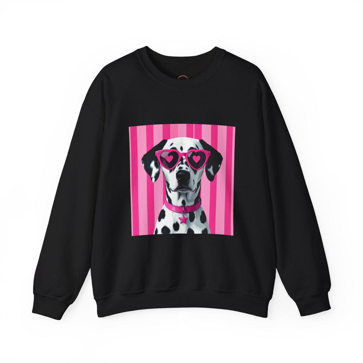 A black crewneck sweatshirt featuring a graphic print of a Dalmatian wearing pink heart-shaped sunglasses against a pink striped background.