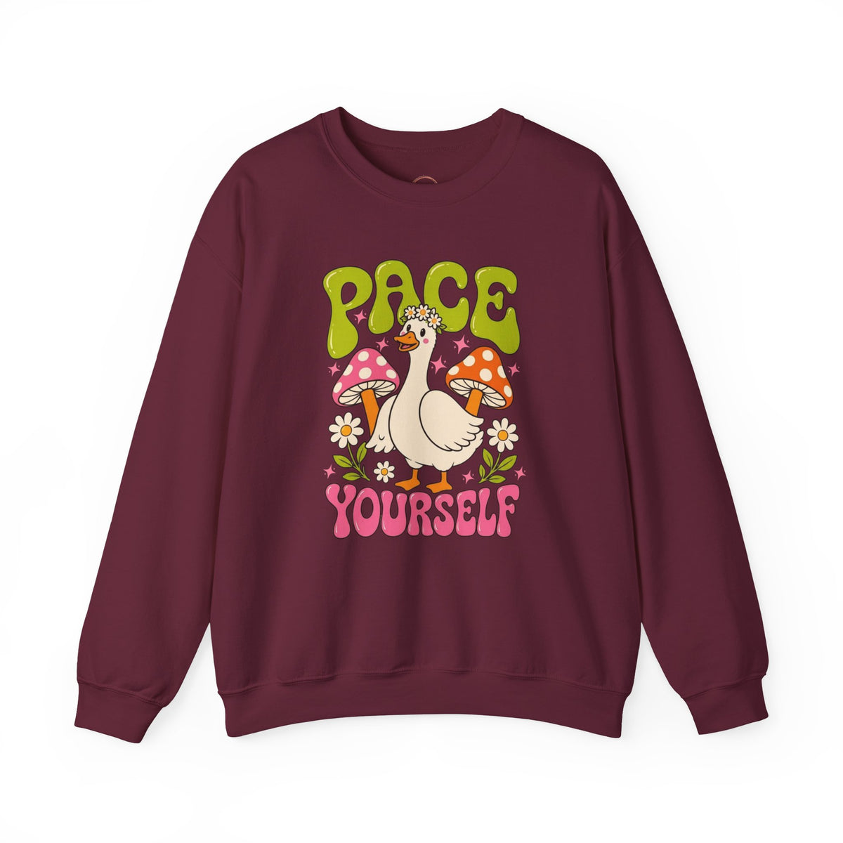 Peace Yourself Crewneck Sweatshirt — Retro Duck & Mushrooms Graphic