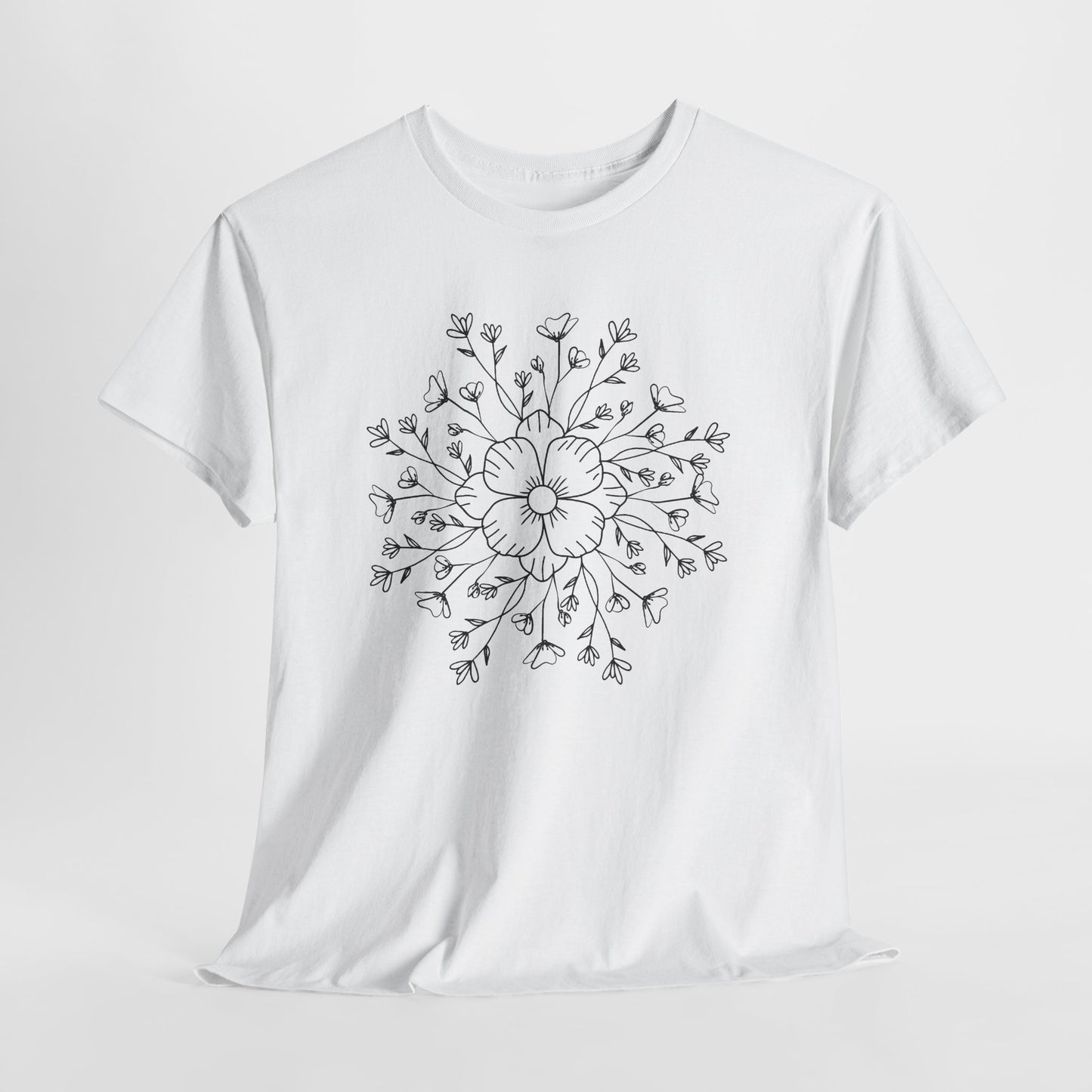 Floral Mandala Tee, Hand-Drawn Black Flower Graphic T-Shirt