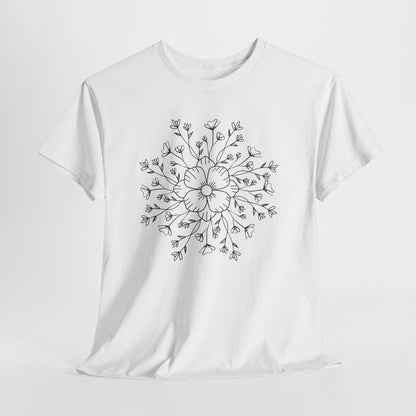 Floral Mandala Tee, Hand-Drawn Black Flower Graphic T-Shirt