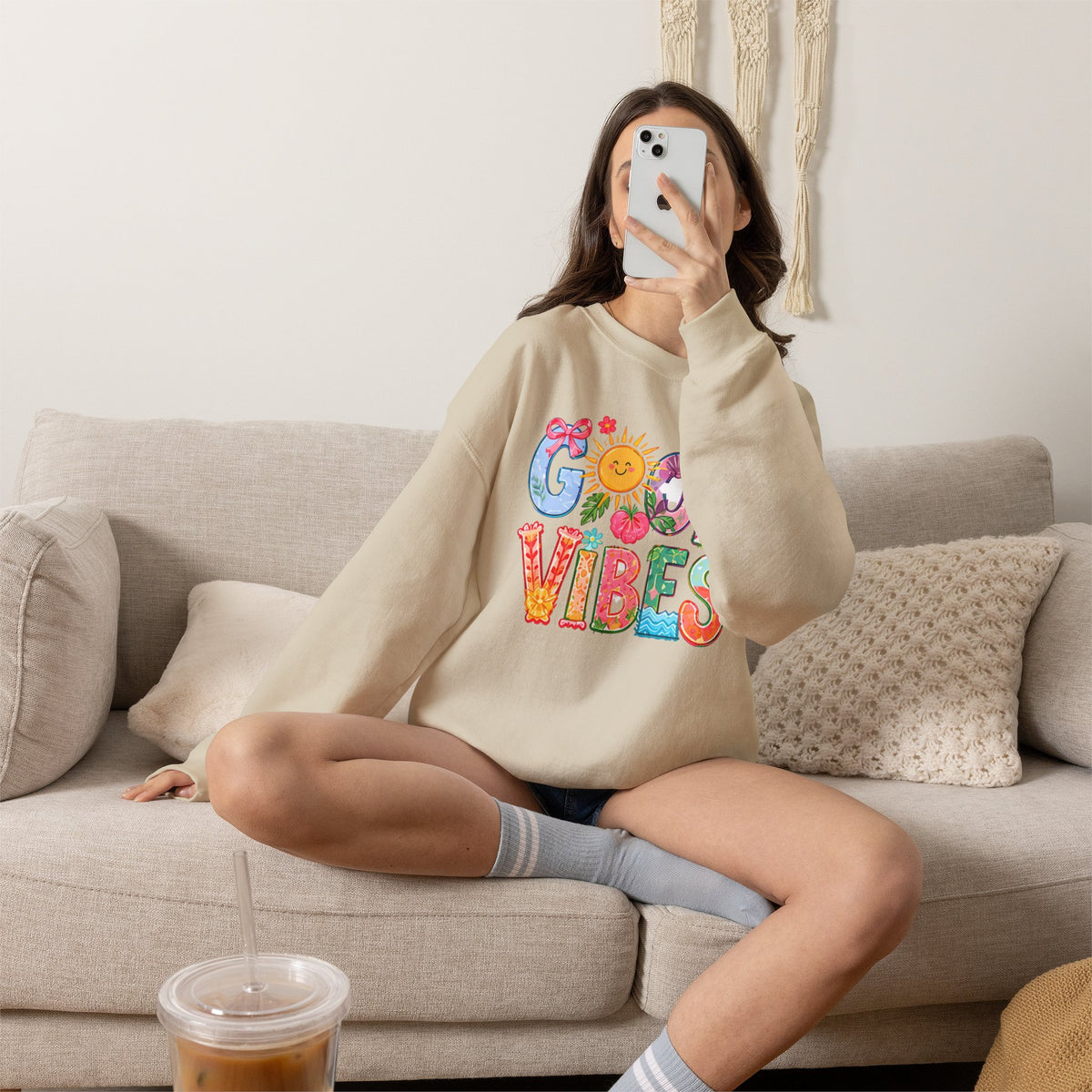 Good Vibes Floral Sweatshirt - Colorful Retro Sun Graphic Crewneck