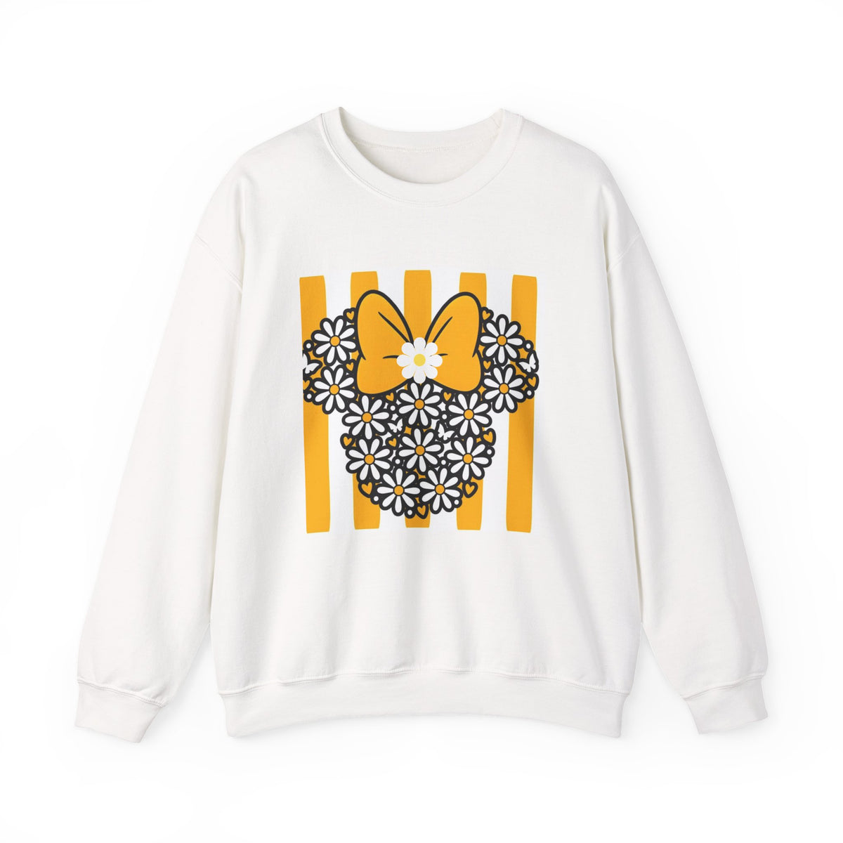 An off-white crewneck sweatshirt featuring a graphic print of a black and white daisy-patterned heart with a yellow bow, set against yellow vertical stripes.