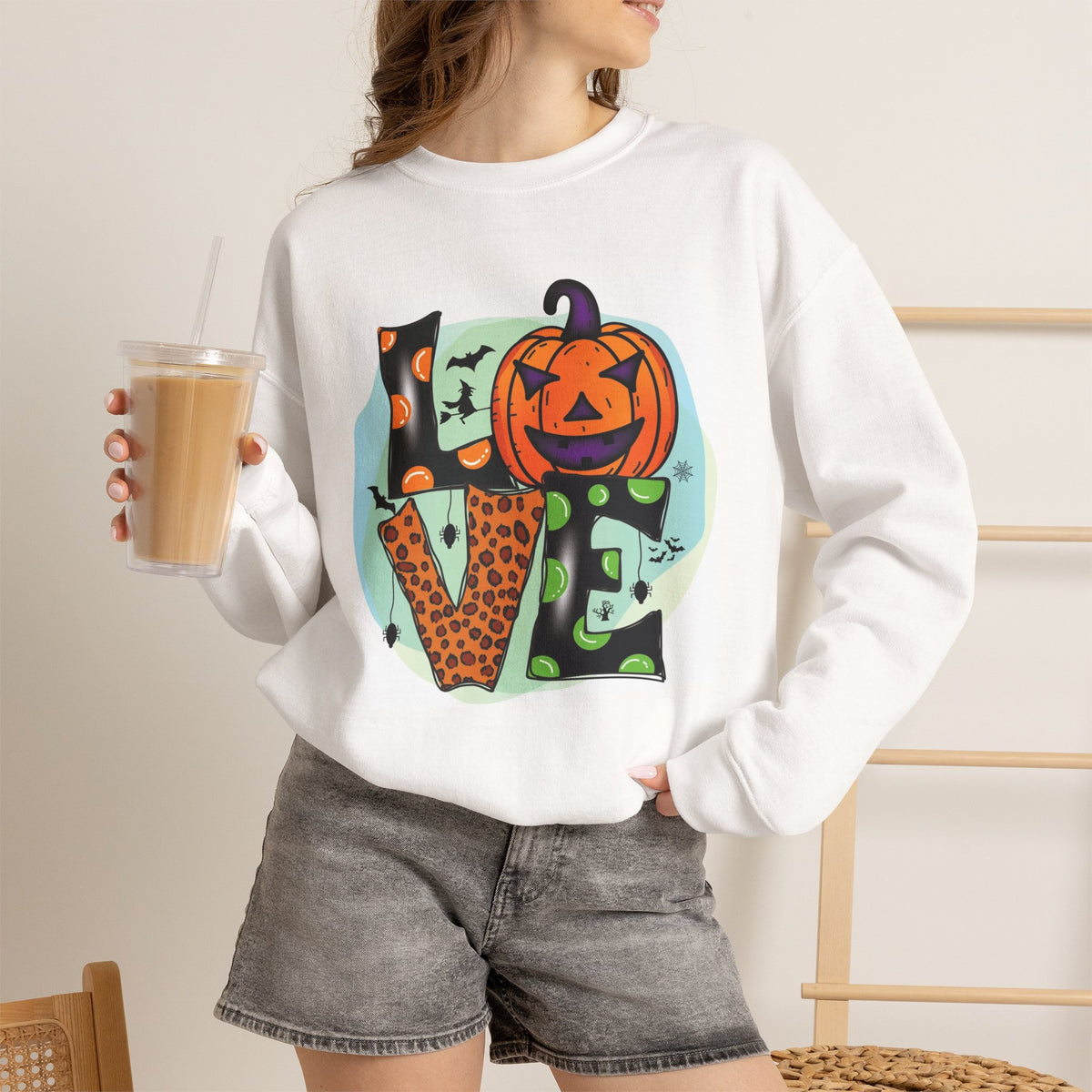 Halloween LOVE Crewneck Sweatshirt — Jack-O'-Lantern & Leopard Print Graphic