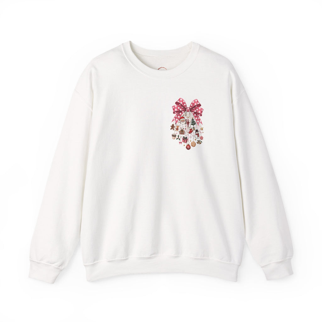 Crewneck Sweatshirt — Floral Heart Ornament with Pink Bow Holiday Design