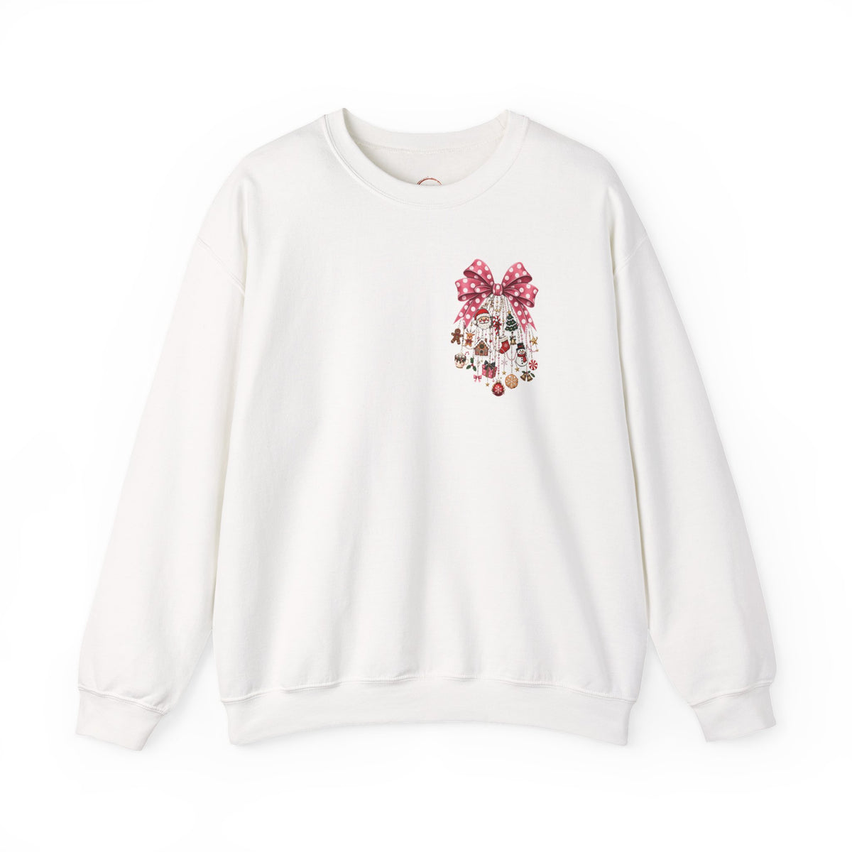 Crewneck Sweatshirt — Floral Heart Ornament with Pink Bow Holiday Design