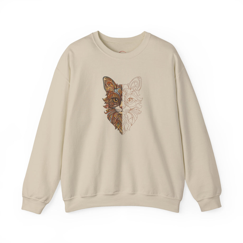 Cat Face Split Crewneck Sweatshirt – Half Realistic, Half Line Art Cat Design