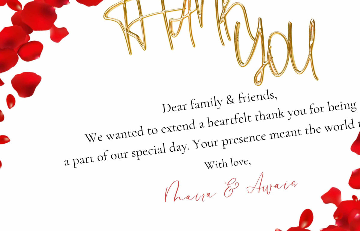 Printable Thank You Card, Editable Red, Gold and White Thank You Note, Red Petals Wedding Sign, Editable Modern Thank You Card. WSB48