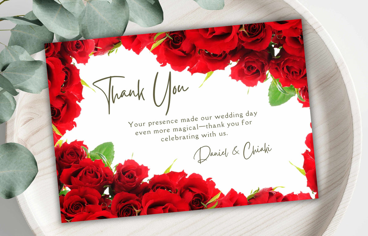 Red Rose Thank You Card, Floral Wedding Thank you Card , Editable Template, Printable Thank You Card, Editable Thank you Card. #WTUC45