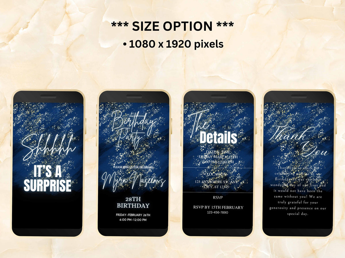 Digital Shhhh It's a Surprise Blue Birthday Invitation, Surprise Birthday Invitation, Electronic Invitation Template, Animated. BEI17