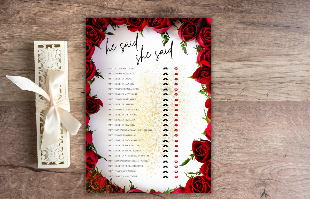 Red Rose He Said She Said, Bridal Shower Game, Printable Bridal Shower, Floral Bridal Shower Editable Games, Red Rose Bridal Shower. WS54