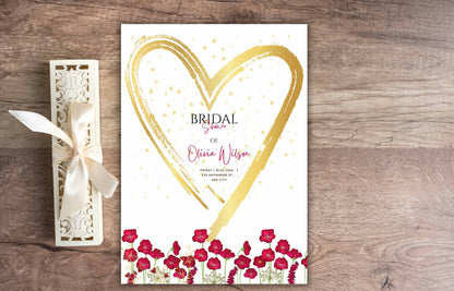 Red bridal shower invitation template, Red Wild Flower and Gold Heart invitation, 5 x 7 Editable Canva Template, Printable, B36