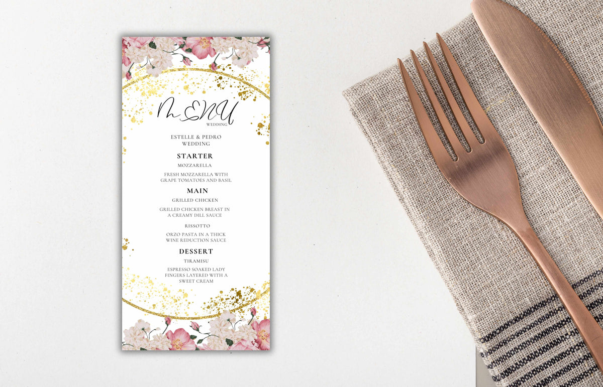 Wedding Menu Template Download, Pink Rose Wedding Menu Card, Menu Template, Wedding Menu, , Modern Dinner Menu, Instant Download, WS50