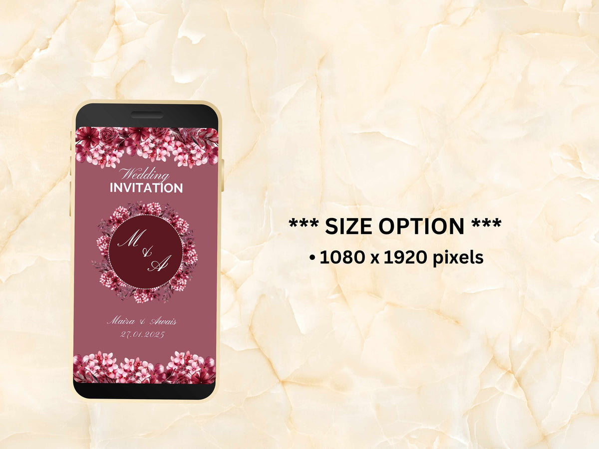 Wedding Invitation, Online Invitation Template, Maroon E-Invite, Electronic Invitation, Digital Burgundy Rose Wedding Invitation. WEI55