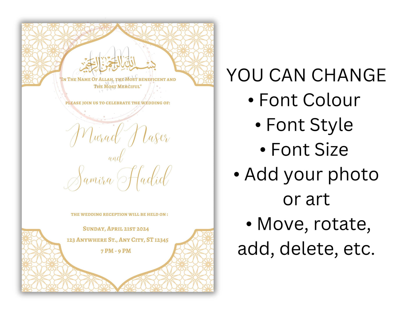 Muslim Wedding Invitation, Nikkah Invitation, Muslim Wedding Invite, Wedding Invite, Invitation Template, Editable Canva Template, WT53