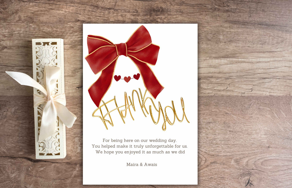 Bow Wedding Thank you Card, Ribbon Thank you Template, Red and White, Coquette Marriage Template, Minimalist Design. WS47