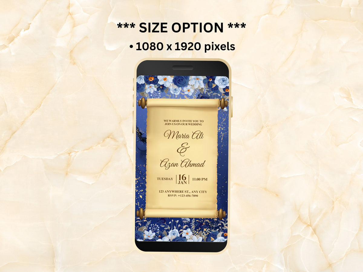 Wedding Evite, Animated Wedding Invitation, Blue Floral Wedding Invite, Electronic Wedding Invite, Wedding Invite, Mobile Invitation. WEIB89