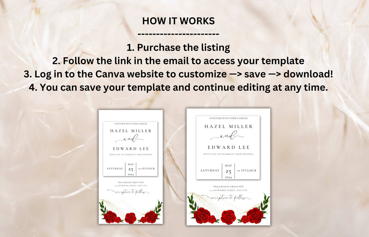 Red Roses Wedding Invite, Floral Wedding, Electronic Wedding Invite, Editable Wedding Template, Red Rose Printable Card. Digital. WEI38