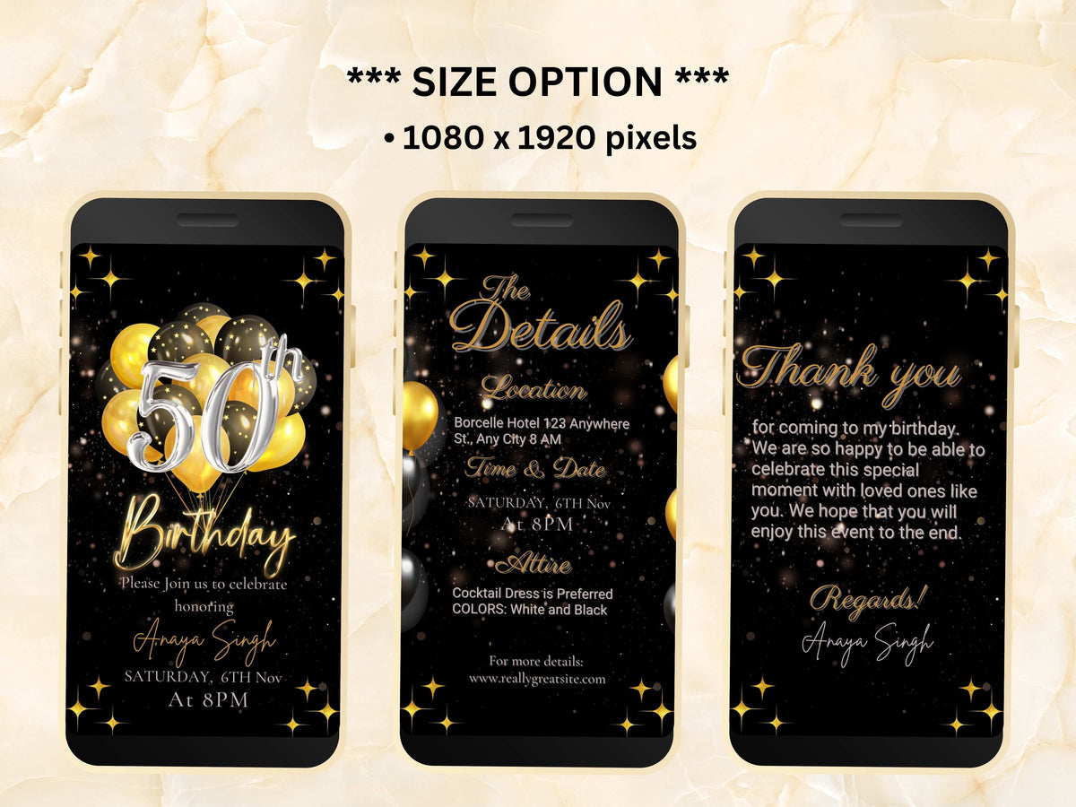 50 Birthday Invitation Silver and Gold Template, Gold Balloon Editable Invite, Animated Canva Evite, Mobile Phone Invite, Text Invite.WEIB70