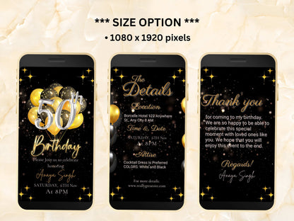 50 Birthday Invitation Silver and Gold Template, Gold Balloon Editable Invite, Animated Canva Evite, Mobile Phone Invite, Text Invite.WEIB70