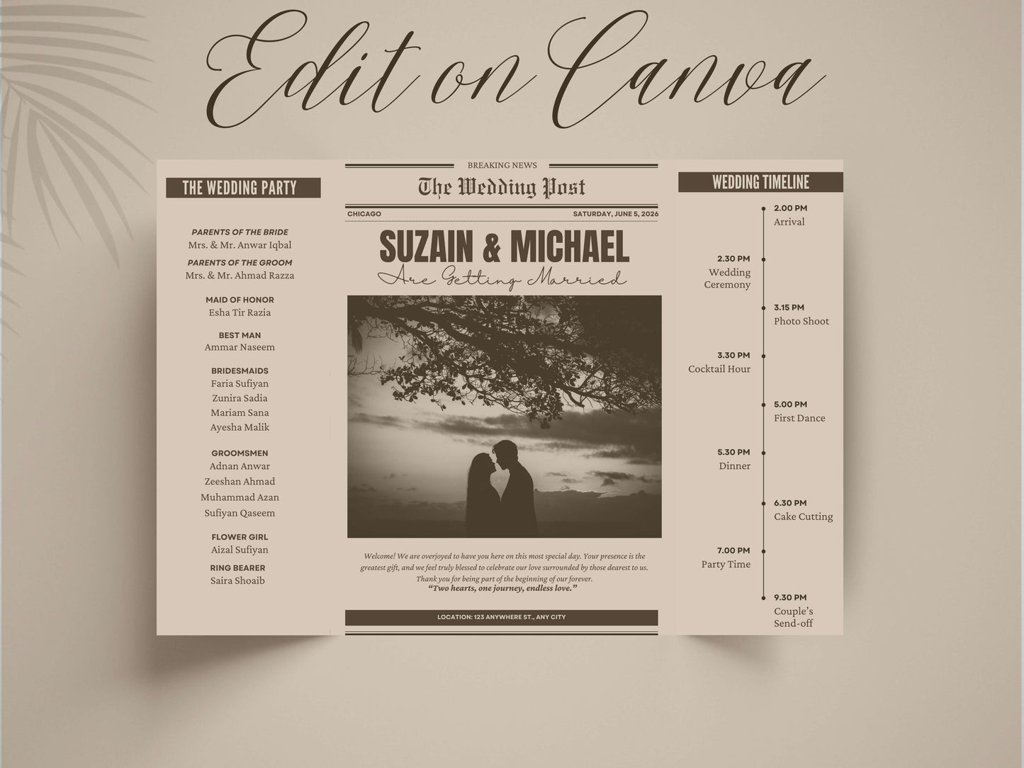 Newspaper Style Wedding Invitation | Gatefold Wedding Card | Vintage Wedding Program with Timeline | Unique Wedding Party Invite. WI136