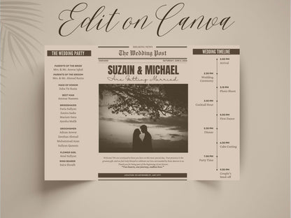Newspaper Style Wedding Invitation | Gatefold Wedding Card | Vintage Wedding Program with Timeline | Unique Wedding Party Invite. WI136
