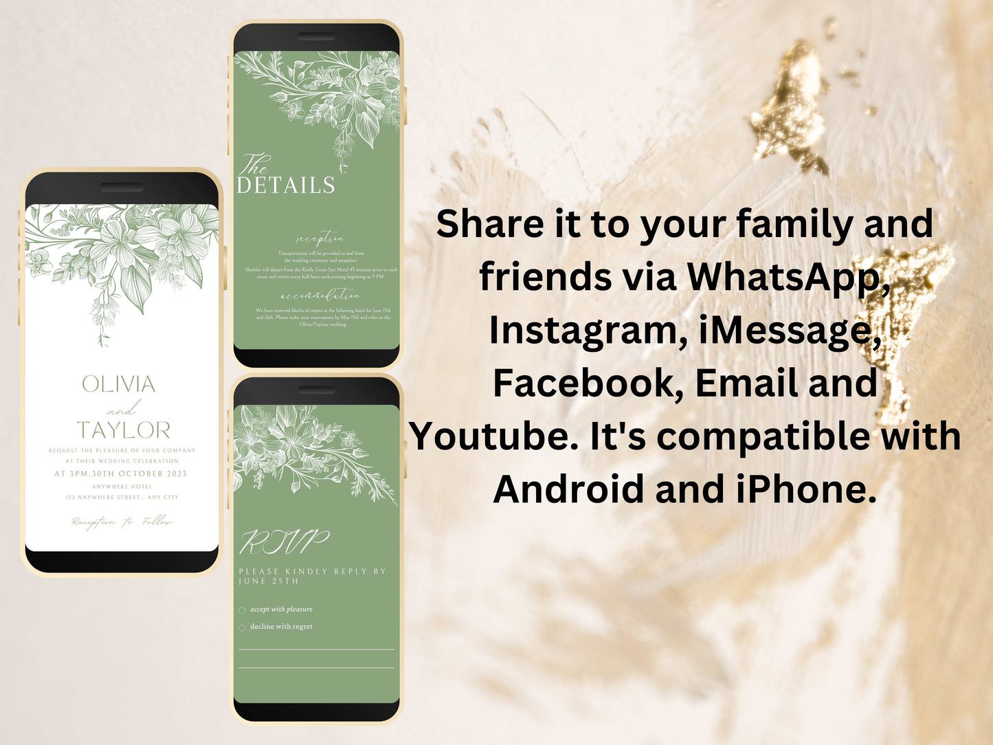 Sage Green Wedding Evite Template, Electronic Wedding Invitation, Sage Green Electronic Invitation, Text Message, Mobile Phone Invite. WEII0