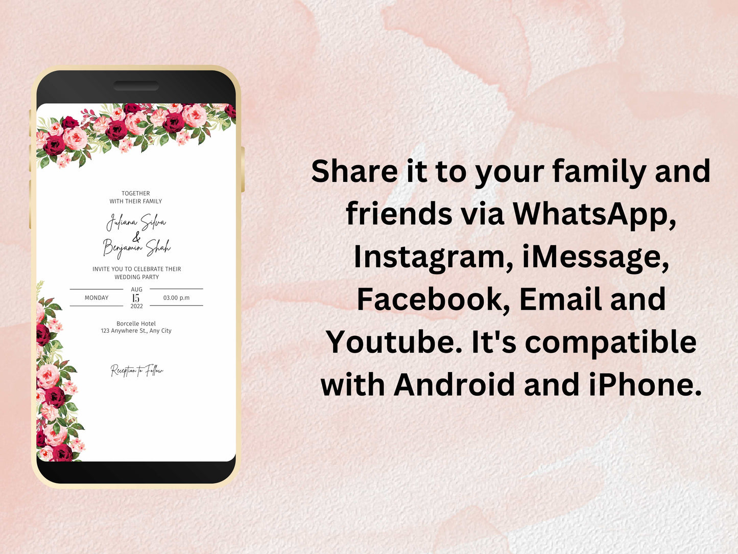 Wedding Evite Template, Electronic Wedding Invitation, Pink Flower Digital Wedding Invitation, Text Message, Mobile Phone Invite. WTD46