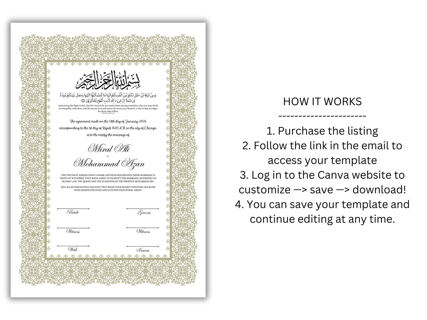 A4/A3 Nikkah Certificate, Nikkah Contract Template Editable, Printable Nikkahnama Template Marriage Contract. NN199