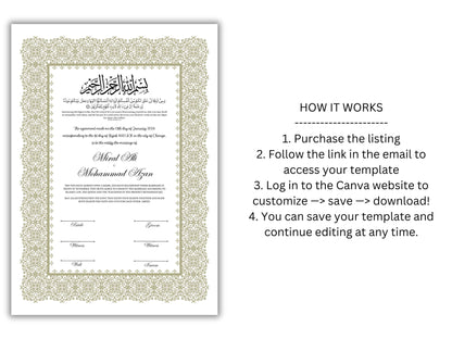 A4/A3 Nikkah Certificate, Nikkah Contract Template Editable, Printable Nikkahnama Template Marriage Contract. NN199