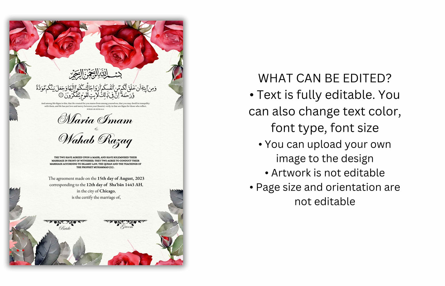 Nikkah Certificate Digital Download Personalised, A4, A3, Template, Instat Download. NN194