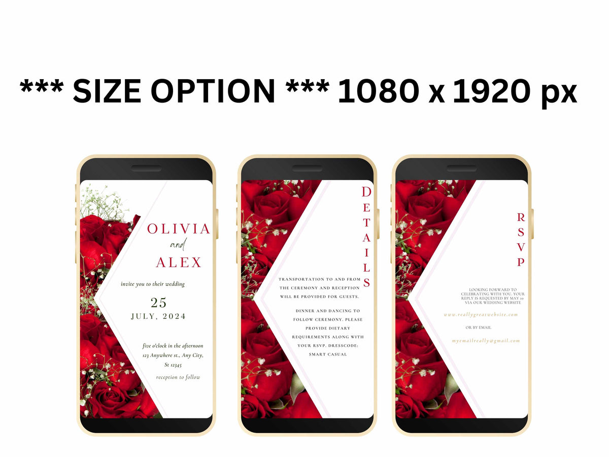 Modern Electronic Red Rose Wedding Invitation, Red Rose RSVP, Elegant Red Rose wedding Invitation, Smartphone Invitation. WEI5