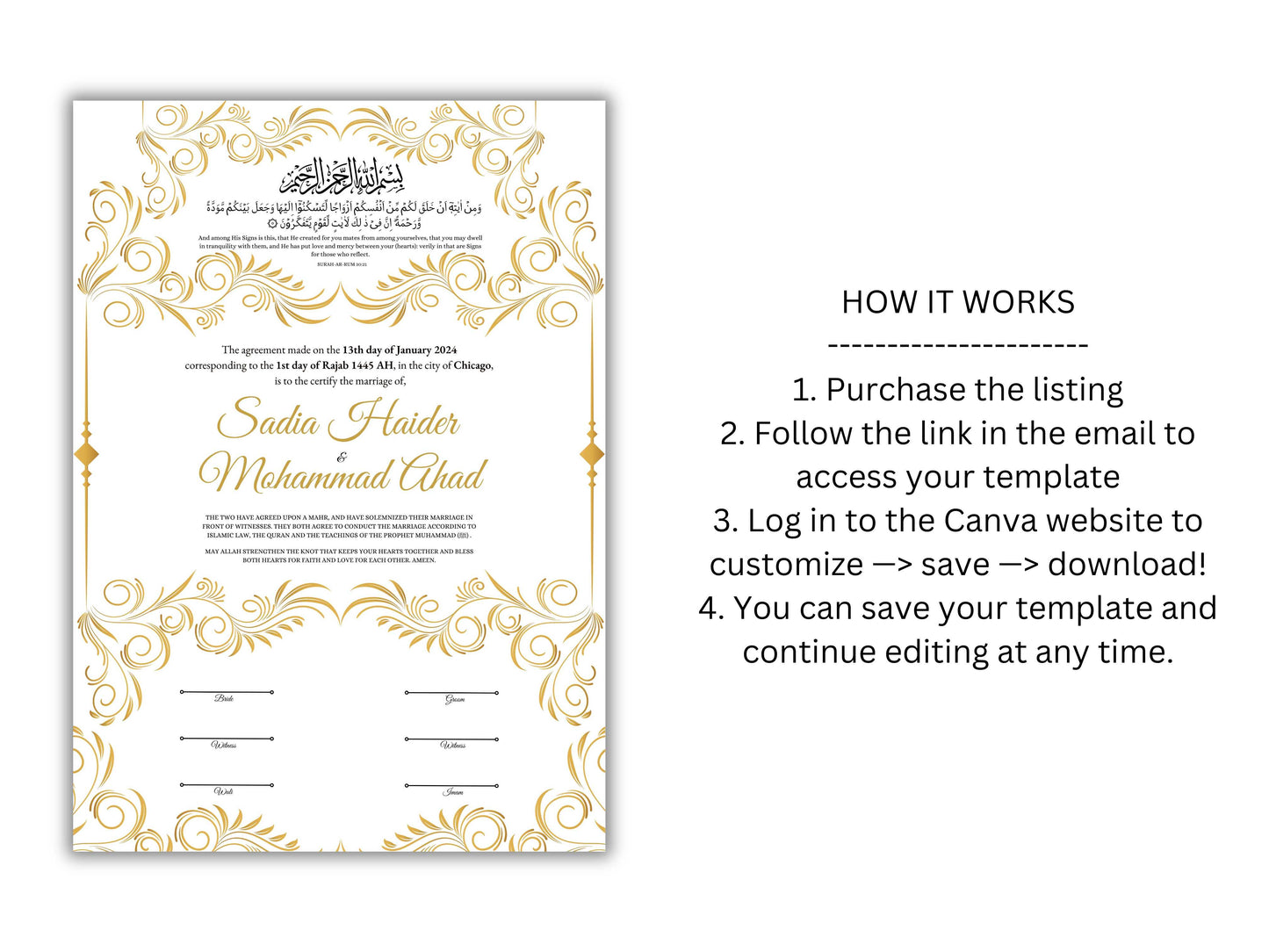 Luxury Nikkah Certificate in Pdf, Nikkah Contract Template, Traditional Islamic Wedding Agreement, Digital Download. NN197