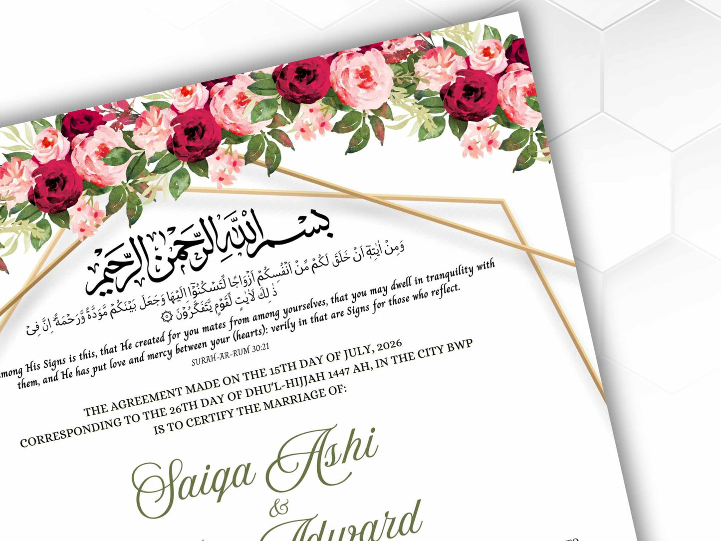 A4/A3 Nikkah Certificate, Pink Gold Nikkah Certificate, Wedding Contract, Nikkah Nama, Muslim Marriage Certificate, Personalised Names.NN278