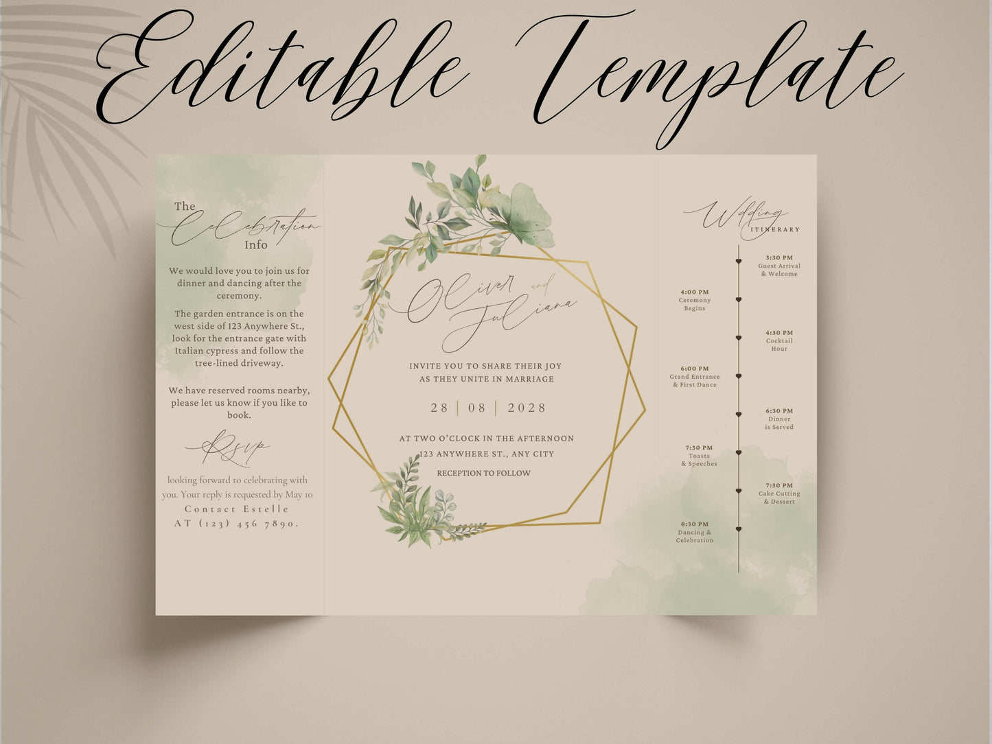 Elegant Greenery Trifold Wedding Invitation | Modern Minimalist Folded Invite with Itinerary | Botanical Geometric Gold Wedding Card. WI141