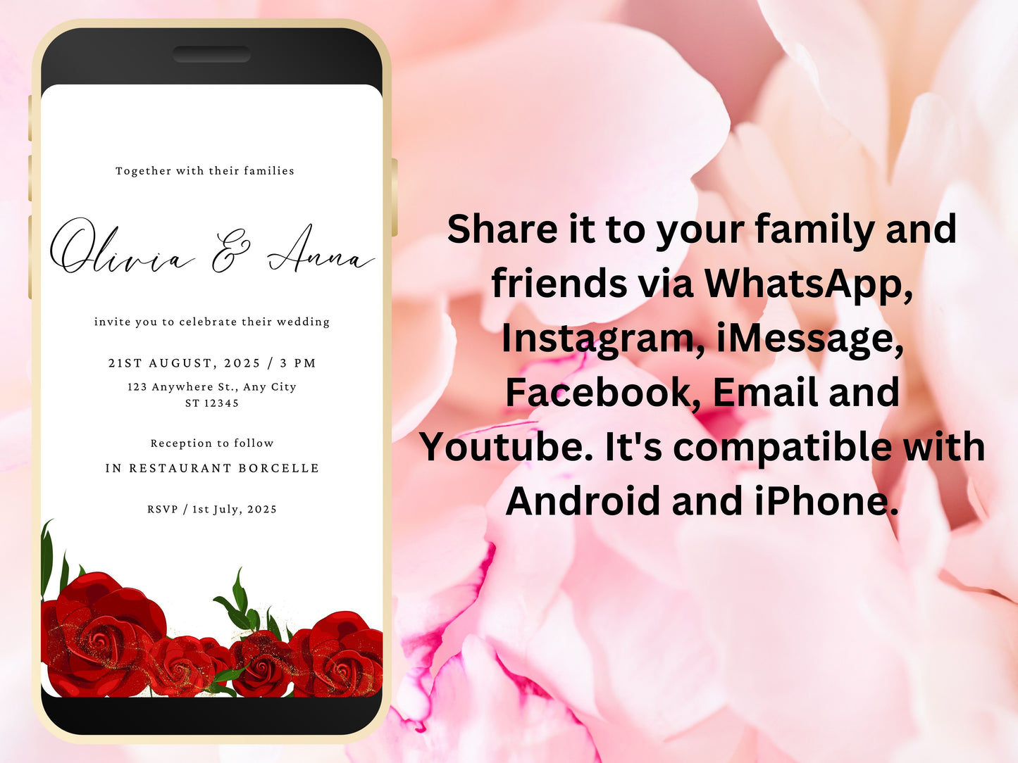 Red Rose Wedding Evite Template, Electronic Wedding Invitation, Red Rose video Wedding Invitation, Text Message, Mobile Phone Invite. WEI35