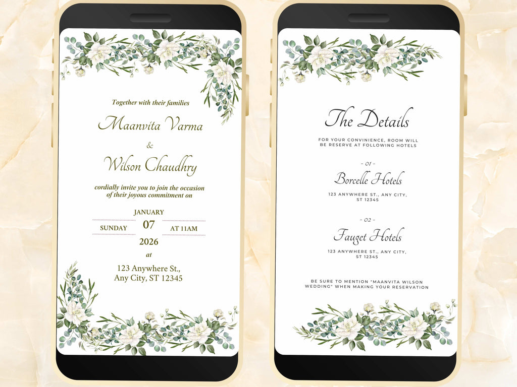 White Wedding Invitation, Online Invitation Template, White E-Invite, RSVP Invitation, Digital White Rose Wedding Invitation. WEIB35