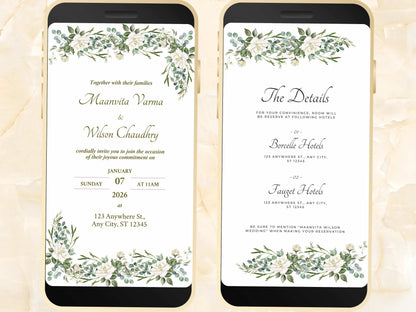 White Wedding Invitation, Online Invitation Template, White E-Invite, RSVP Invitation, Digital White Rose Wedding Invitation. WEIB35