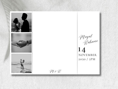 Gatefold Wedding Invitation Template | Elegant Black & White Folded Invite with RSVP Timeline | Printable Wedding Card with Photo. WEIB123