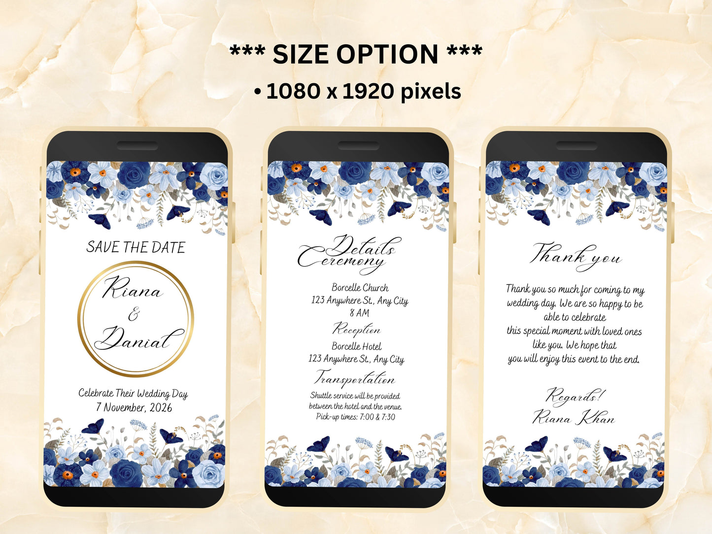 Wedding Invitation, Electronic Wedding Invite, Digital Download, Blue Floral Wedding Evite, Templett. WEIB90
