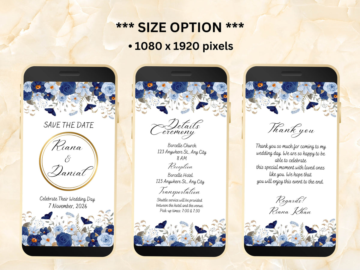 Wedding Invitation, Electronic Wedding Invite, Digital Download, Blue Floral Wedding Evite, Templett. WEIB90