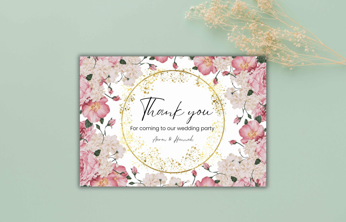 Wedding Thank You Card | DIY Card | Pink Roses Wedding Thank You Cards | Thank You Card Template | Floral Thank You Cards Download. WS43