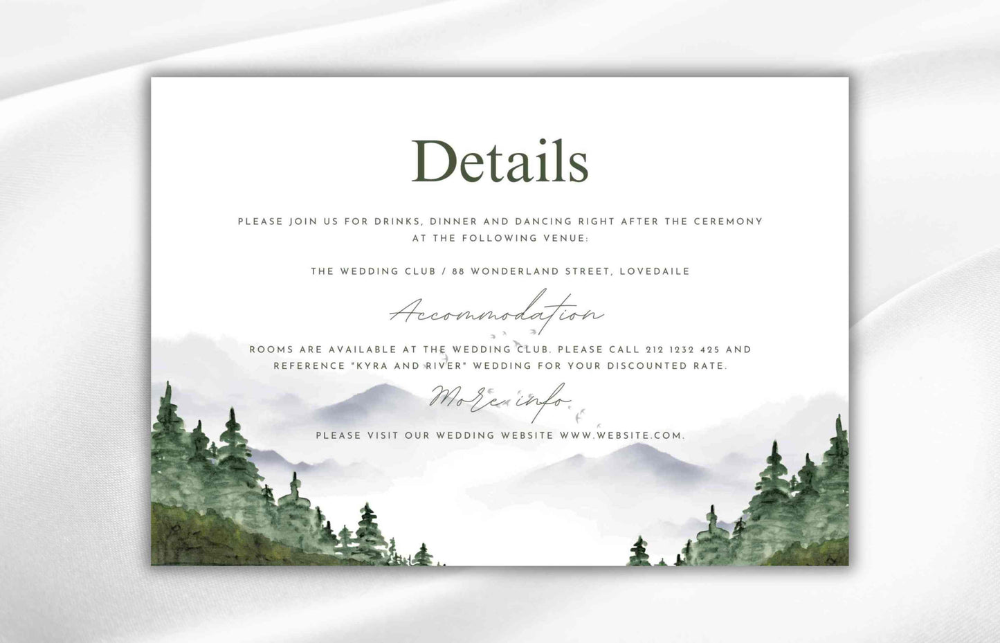 Rustic Mountain Wedding Invitation Suite: Woodland Forest Pine Design with Sage Details Card, Printable RSVP, Instant Download. WI94