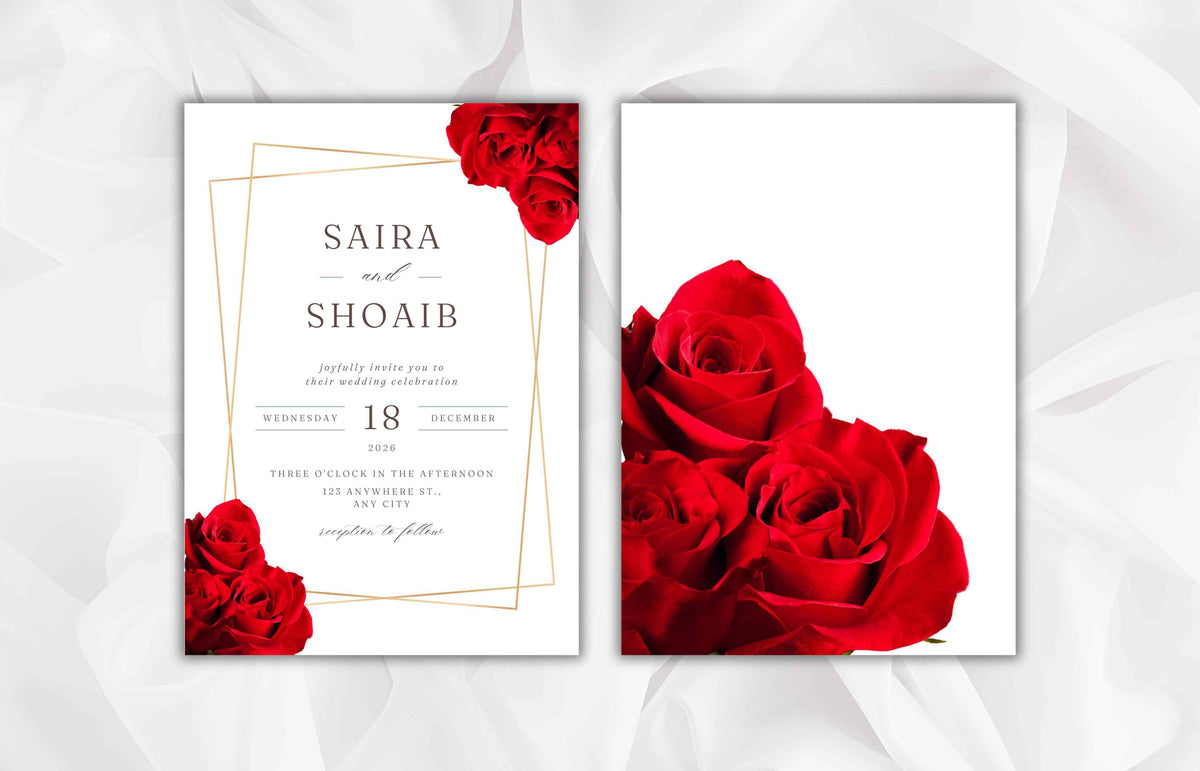 Elegant Red Rose Wedding Invitation Suite, Red Rose Wedding Invitation with Gold Frame, Printable Suite, Burgundy Editable Rsvp. WI99