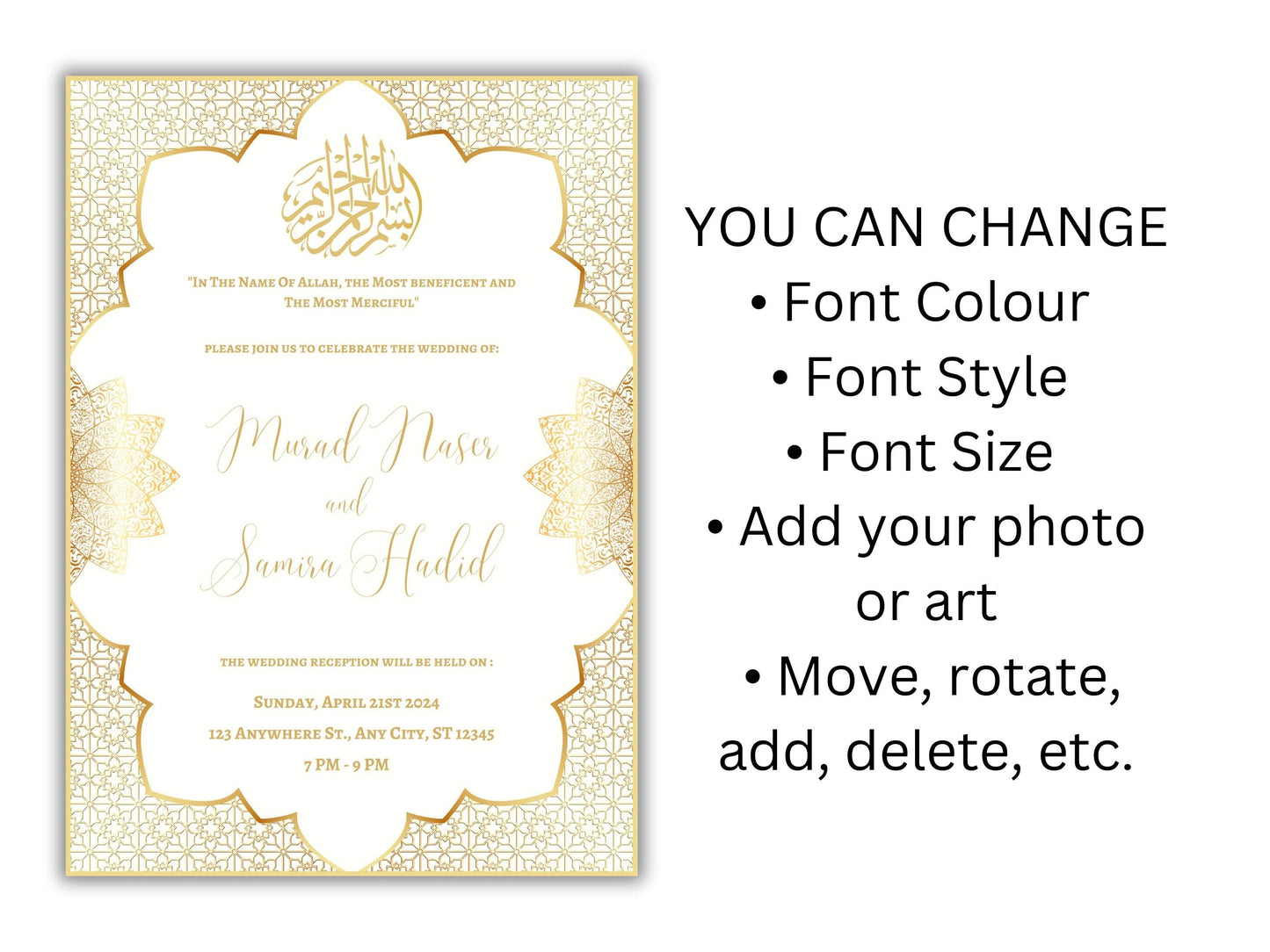 Gold Muslim Wedding Invitation, Nikkah Invitation, Muslim Wedding Invite, Wedding Invite, Invitation Template, Editable Canva Template, WT54