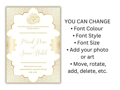 Gold Muslim Wedding Invitation, Nikkah Invitation, Muslim Wedding Invite, Wedding Invite, Invitation Template, Editable Canva Template, WT54