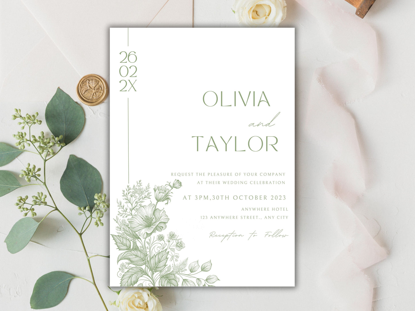 Sage Green Wedding Invitation Suite with Menu Card, Editable Wedding invite, Minimal Invite, Simple Editable Invite Template. WT56