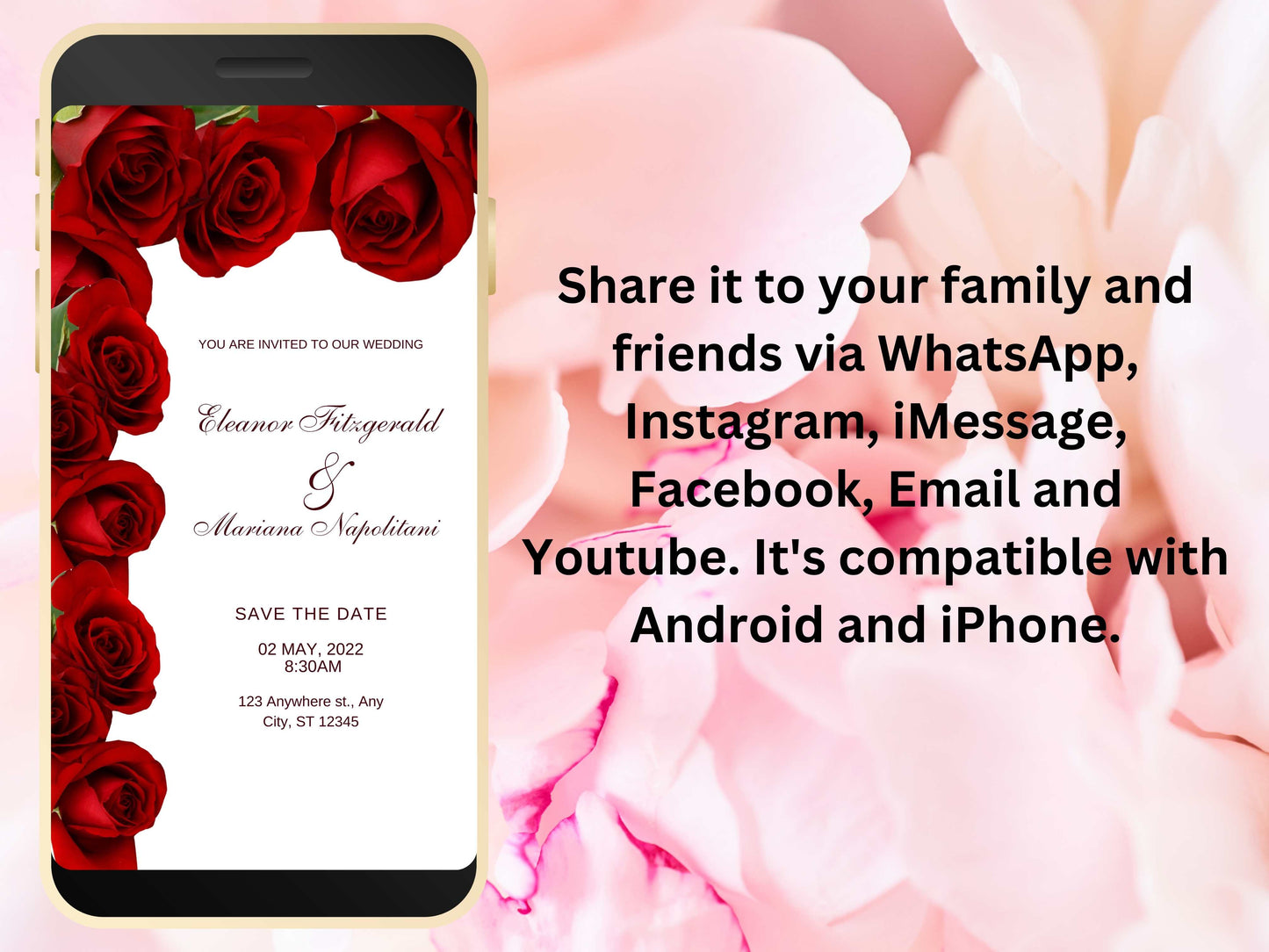 Red Rose Wedding Evite Template, Electronic Wedding Invitation, Red Rose video Wedding Invitation, Text Message, Mobile Phone Invite. WEI31