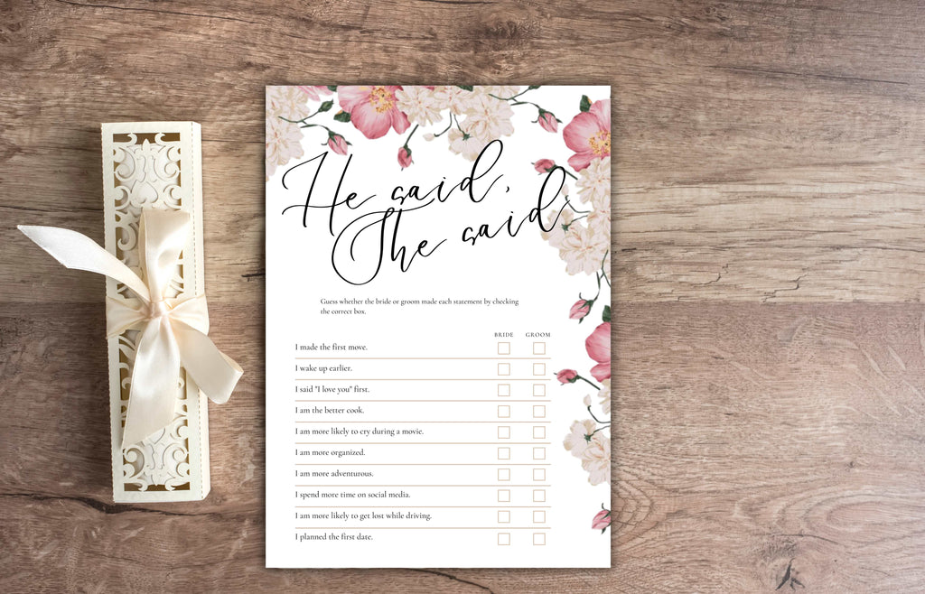 Bridal Shower Games, Pink Rose Bridal Shower Games, He Said She Said Bridal Shower Game, Pink Flower Bridal Shower Editable Game. WS51