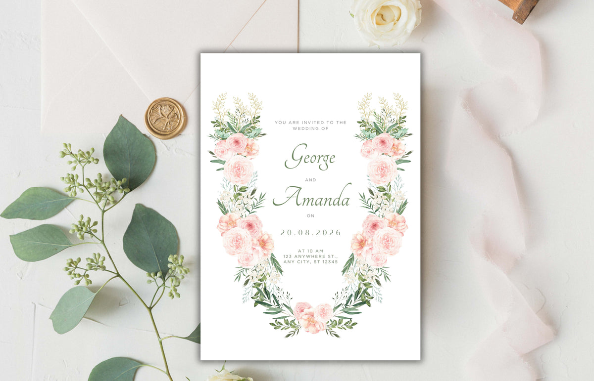 Blush Pink Rose Wedding Invitation, Boho Pink Sage Elegant Wedding Invite, Editable Floral Greenery Wedding Invitation. WEIB118