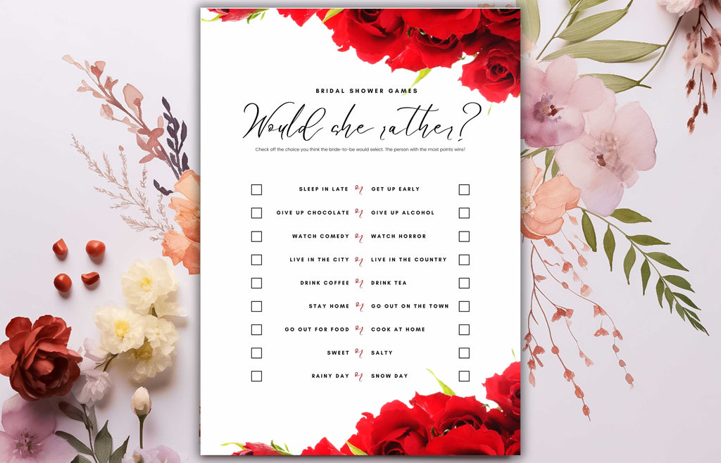 Red Rose Wedding Shower Game, Modern Bridal Shower Game, Editable Text, Modern Editable Game Card, WS47